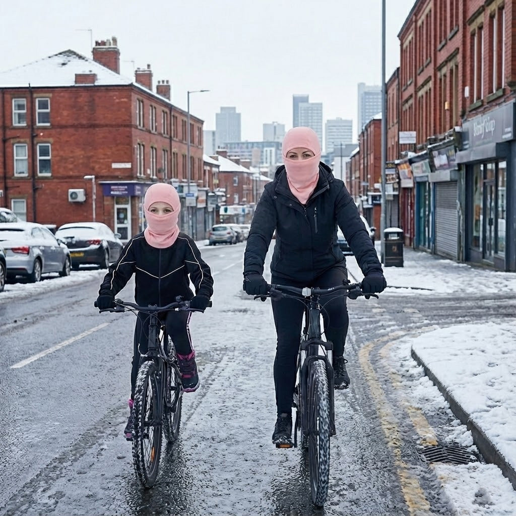 Thermal winter balaclava – pink balaclavas worn during family cycling