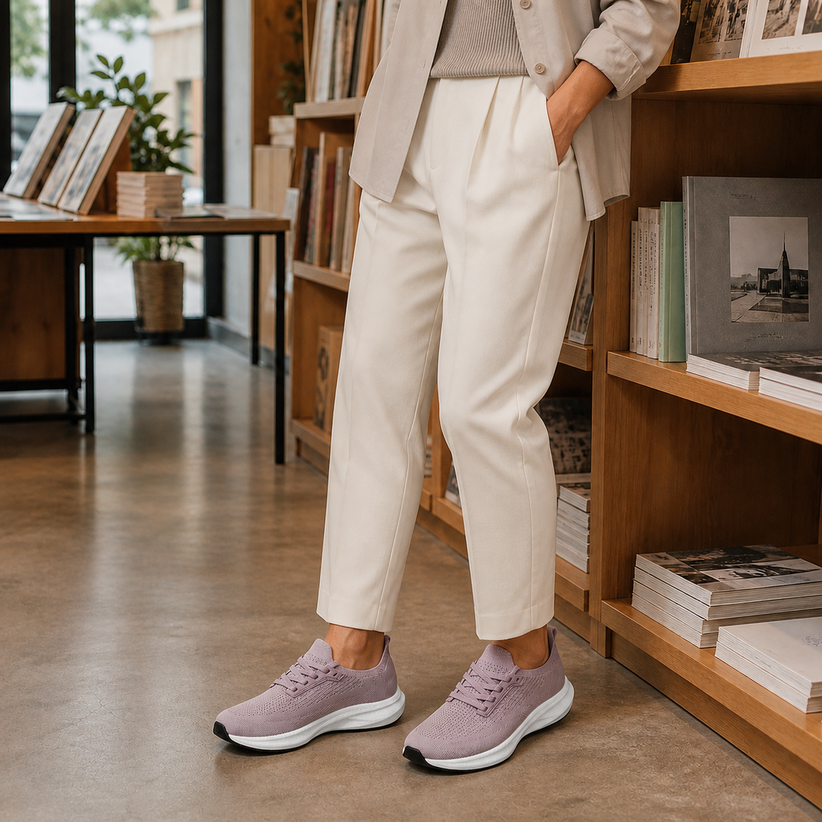 Dusty mauve knit trainers worn in a modern bookshop