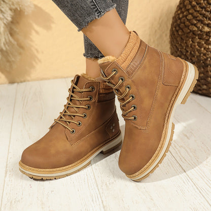Faux-fur-lined winter ankle boots – tan pair side view on feet