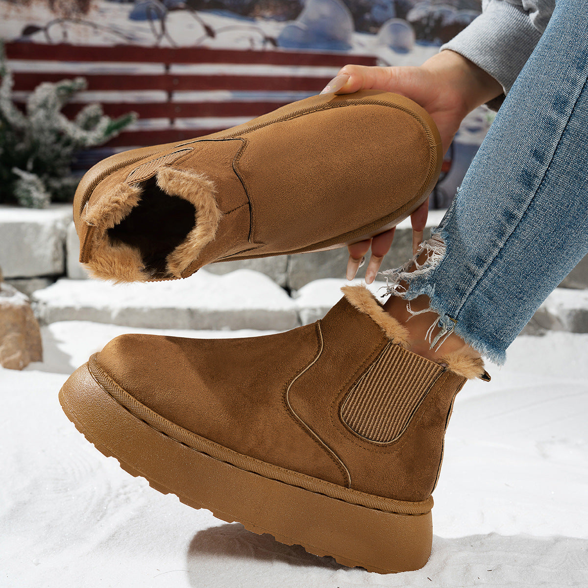 Plush-lined platform ankle boots – tan pair and plush opening