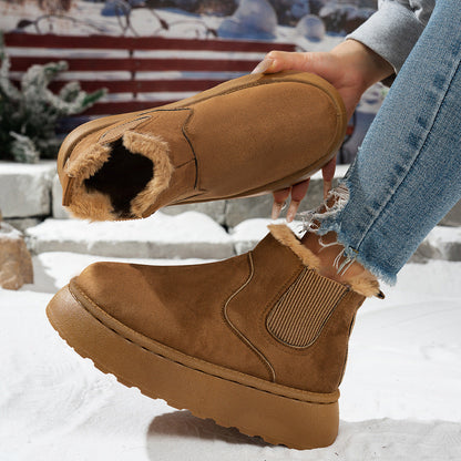 Plush-lined platform ankle boots – tan pair and plush opening