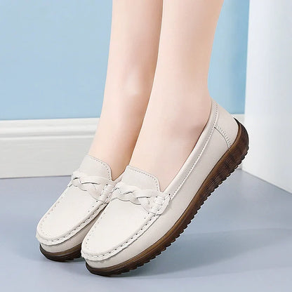 White bow-detail loafers for women, front on-foot studio view