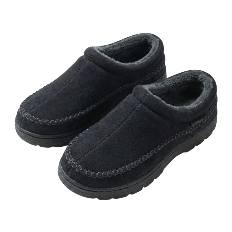 Black moccasin slippers with a fleece lining on a white background