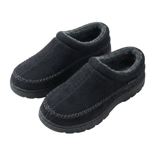 Black moccasin slippers with a fleece lining on a white background