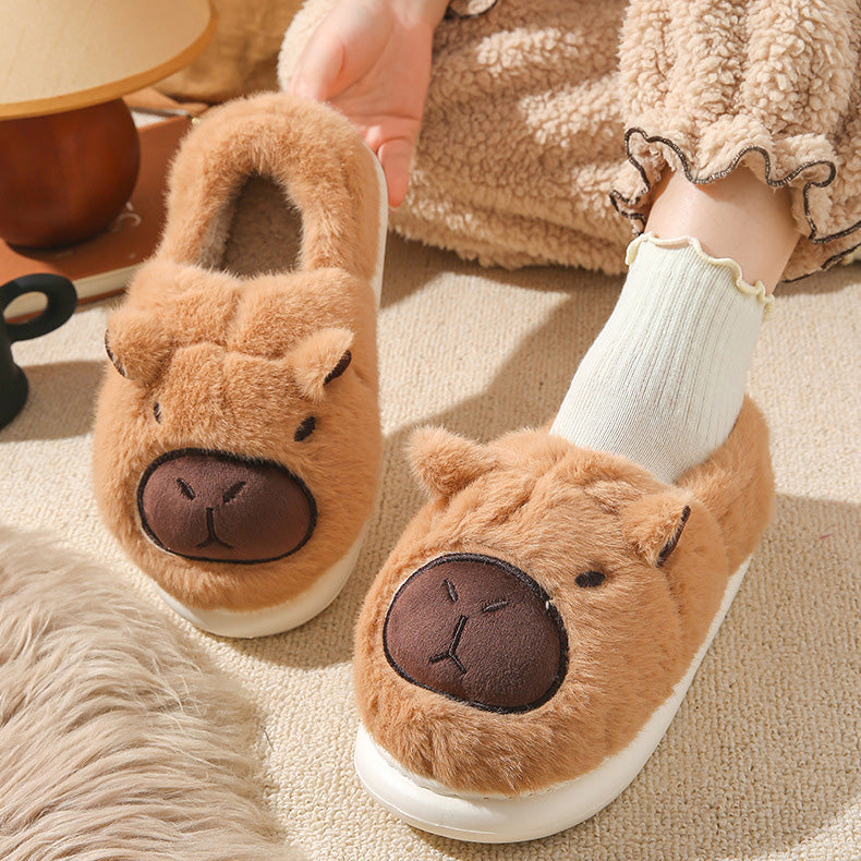 Auldweave women's fluffy capybara slippers – brown pair worn from the front