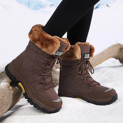 Side view of coffee-brown winter boots showing the heel and outsole