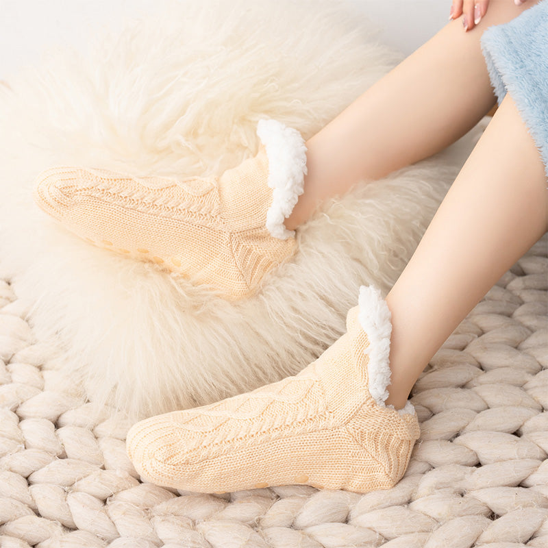 Auldweave unisex soft fleece-lined slipper socks – beige pair worn on a soft rug
