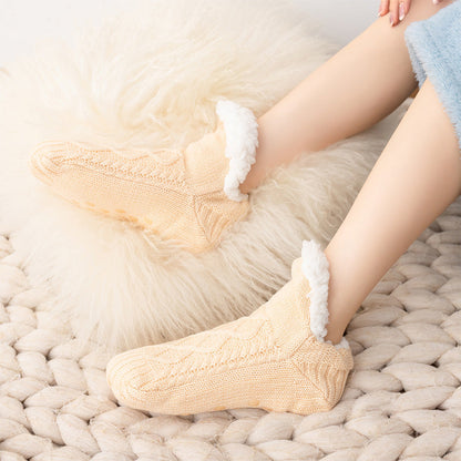 Auldweave unisex soft fleece-lined slipper socks – beige pair worn on a soft rug