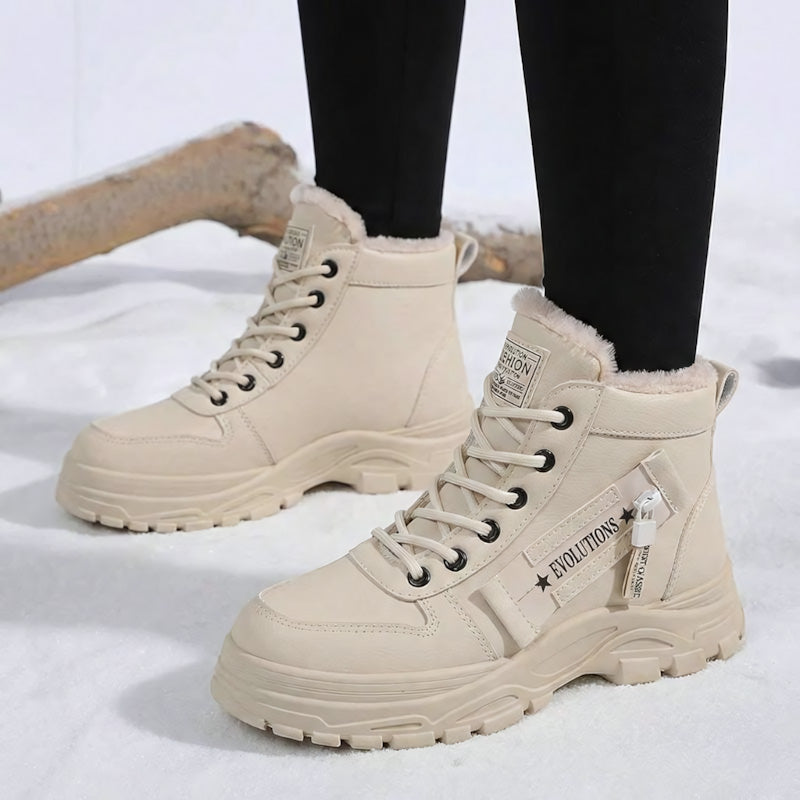 Auldweave women's fleece-lined winter ankle boots – beige pair worn in snow