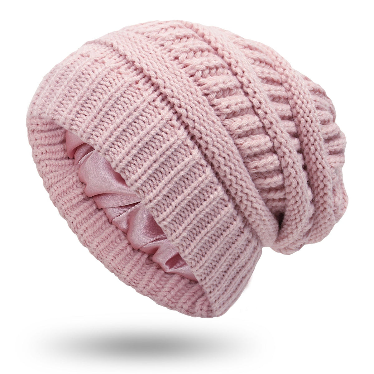Cable-knit winter beanie – pink beanie side view