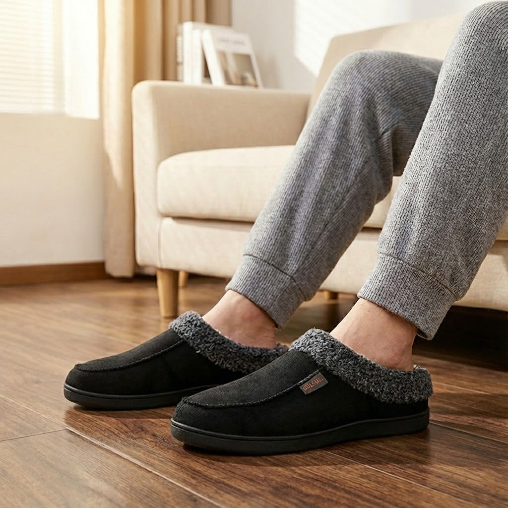Auldweave Men’s warm wide fit winter slippers. Person wearing black slippers with grey fur trim in a living room setting.