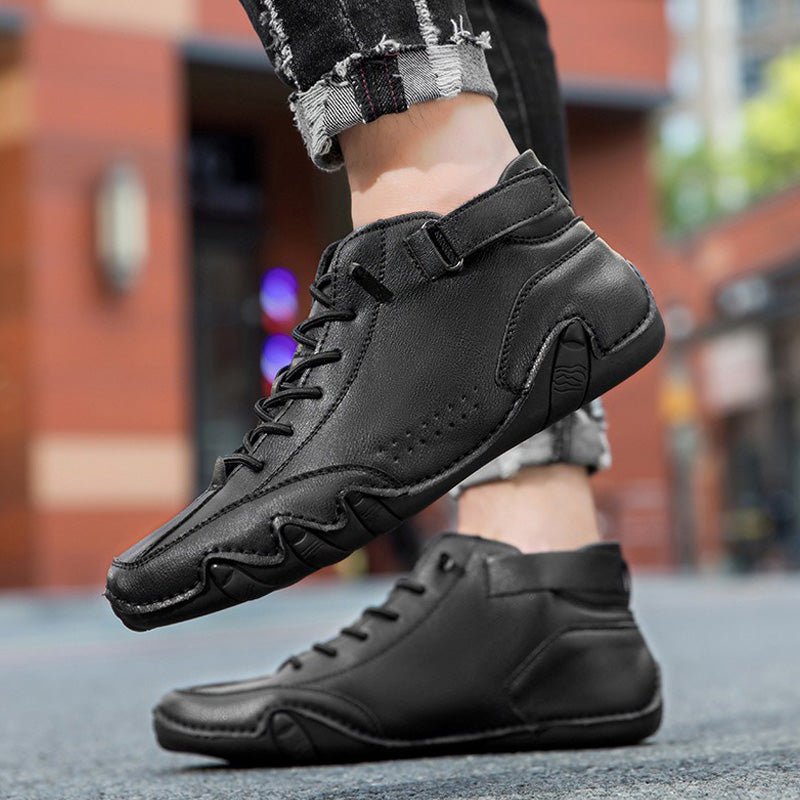 Unisex leather boots with wide toe design and adjustable ankle strap