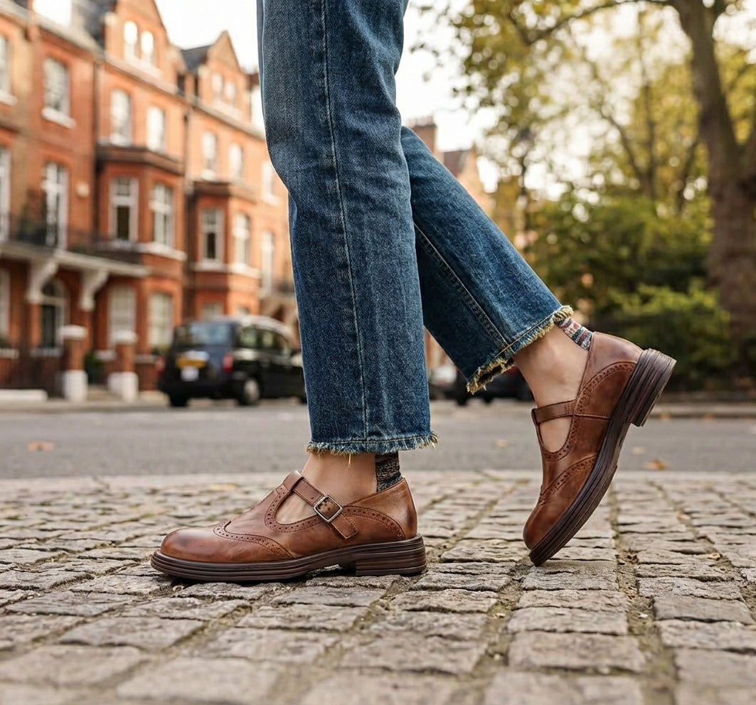Brown women's Mary Jane brogue shoes worn with jeans on a cobbled street