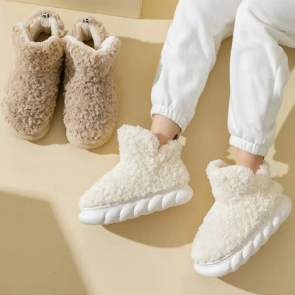 Plush fleece ankle slippers – cream and brown pairs from above