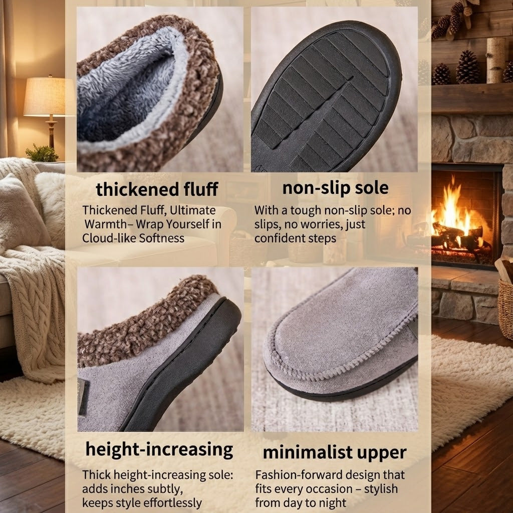Auldweave Men’s warm wide fit winter slippers. Collage of slippers with features highlighted, including thick fluff, non-slip sole, height-increasing sole, and minimalist design.