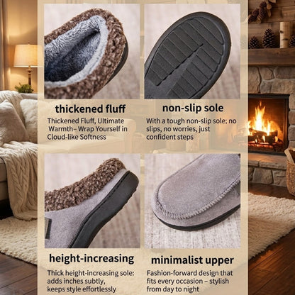 Auldweave Men’s warm wide fit winter slippers. Collage of slippers with features highlighted, including thick fluff, non-slip sole, height-increasing sole, and minimalist design.