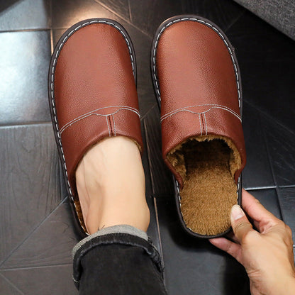 Auldweave warm wide fit leather slippers – brown slipper worn with matching pair held