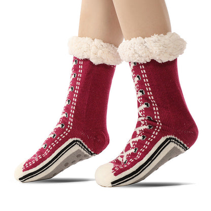Fleece-lined sneaker-style slipper socks – burgundy pair