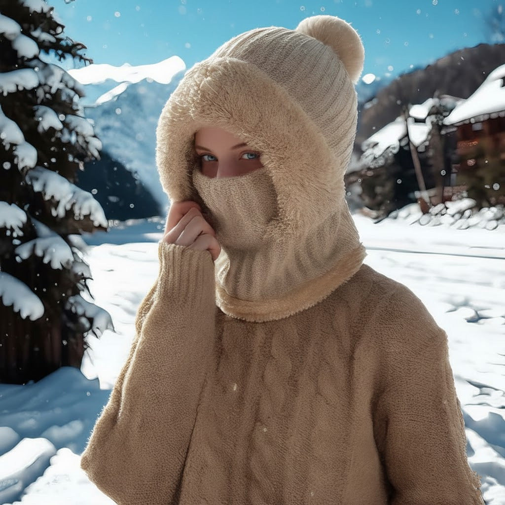 Three-in-one fleece-lined winter hood – khaki hood in a snowy landscape