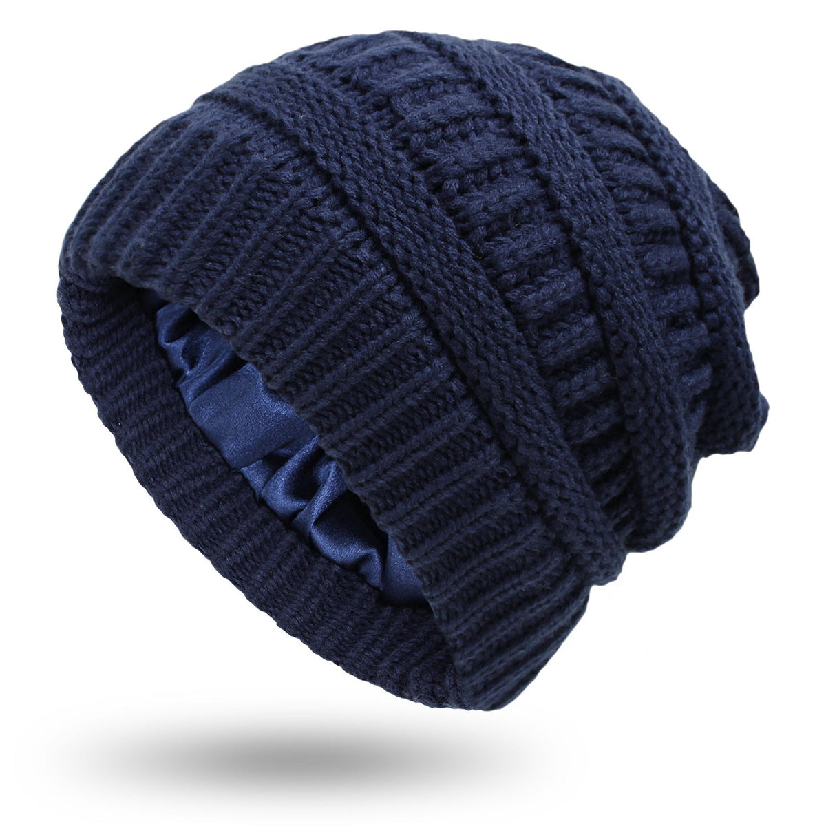 Cable-knit winter beanie – navy beanie side view