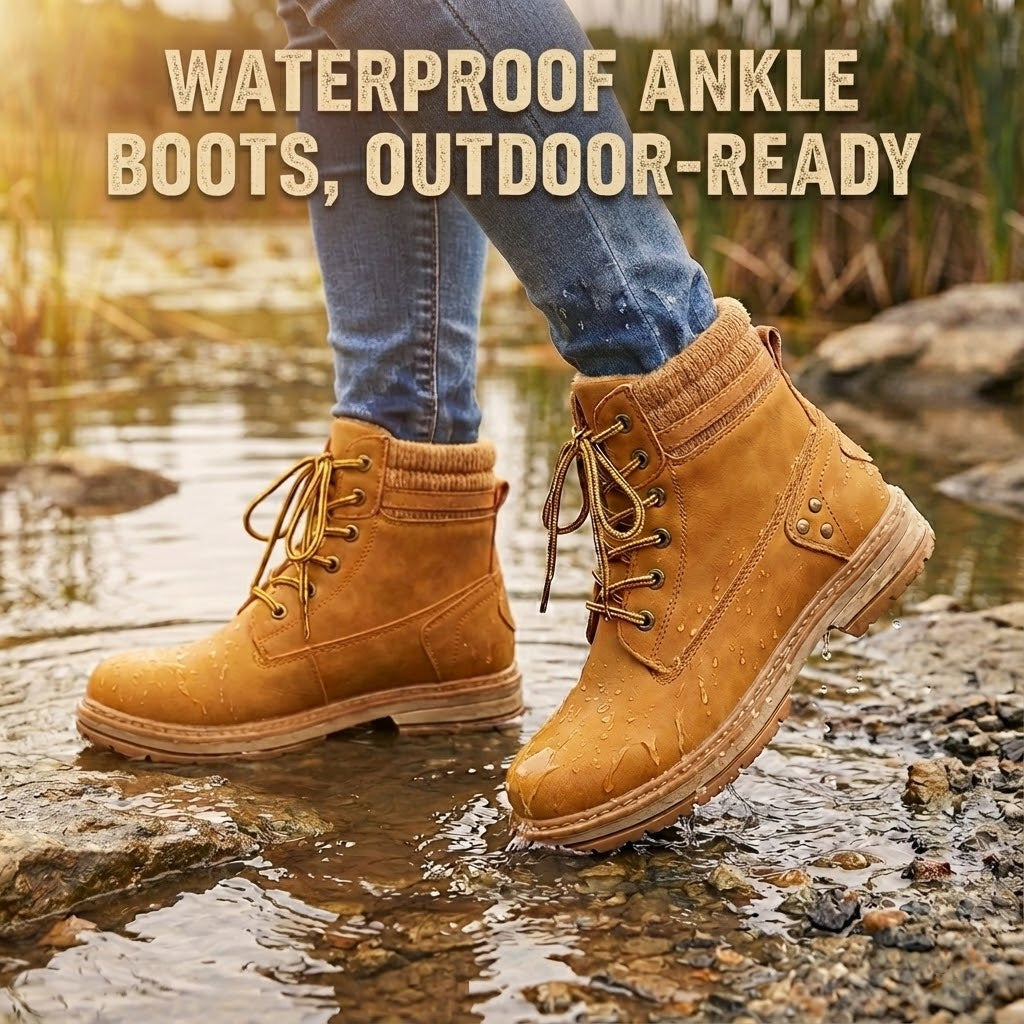 Faux-fur-lined winter ankle boots – tan boots outdoor weather feature graphic