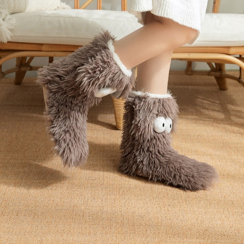 Fluffy dog slipper socks – brown pair side view on feet