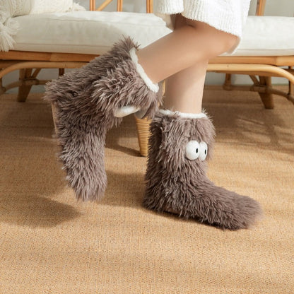 Fluffy dog slipper socks – brown pair side view on feet