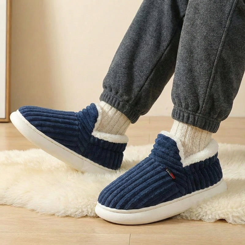 Auldweave unisex corduroy slipper boots – navy slipper boots worn indoors