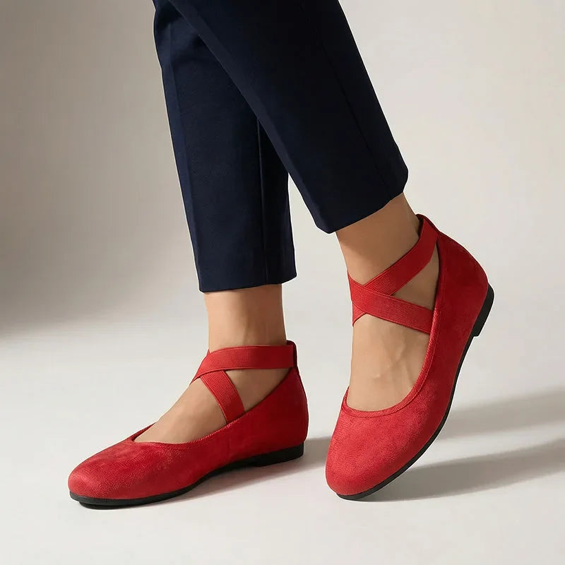 Red Mary Jane wedge flats, on-foot studio view