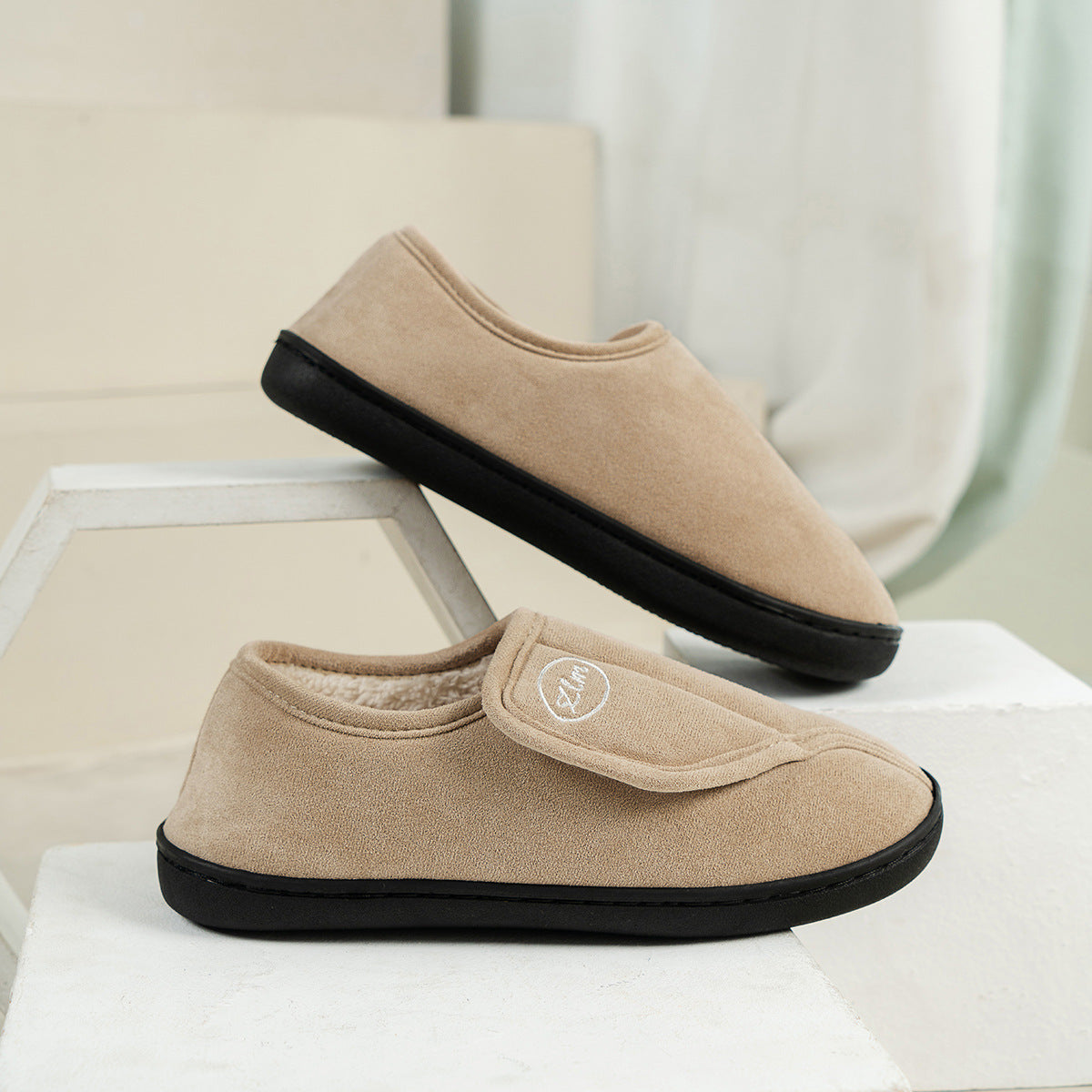 Auldweave women's adjustable wide fit slippers – beige pair showing adjustable straps