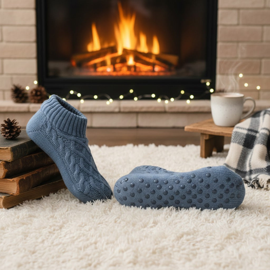 Auldweave women's knitted non-slip indoor slippers – blue pair showing sole grips beside a fireplace