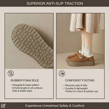 Auldweave women's fleece-lined platform Mary Jane shoes – tan shoe with anti-slip outsole detail
