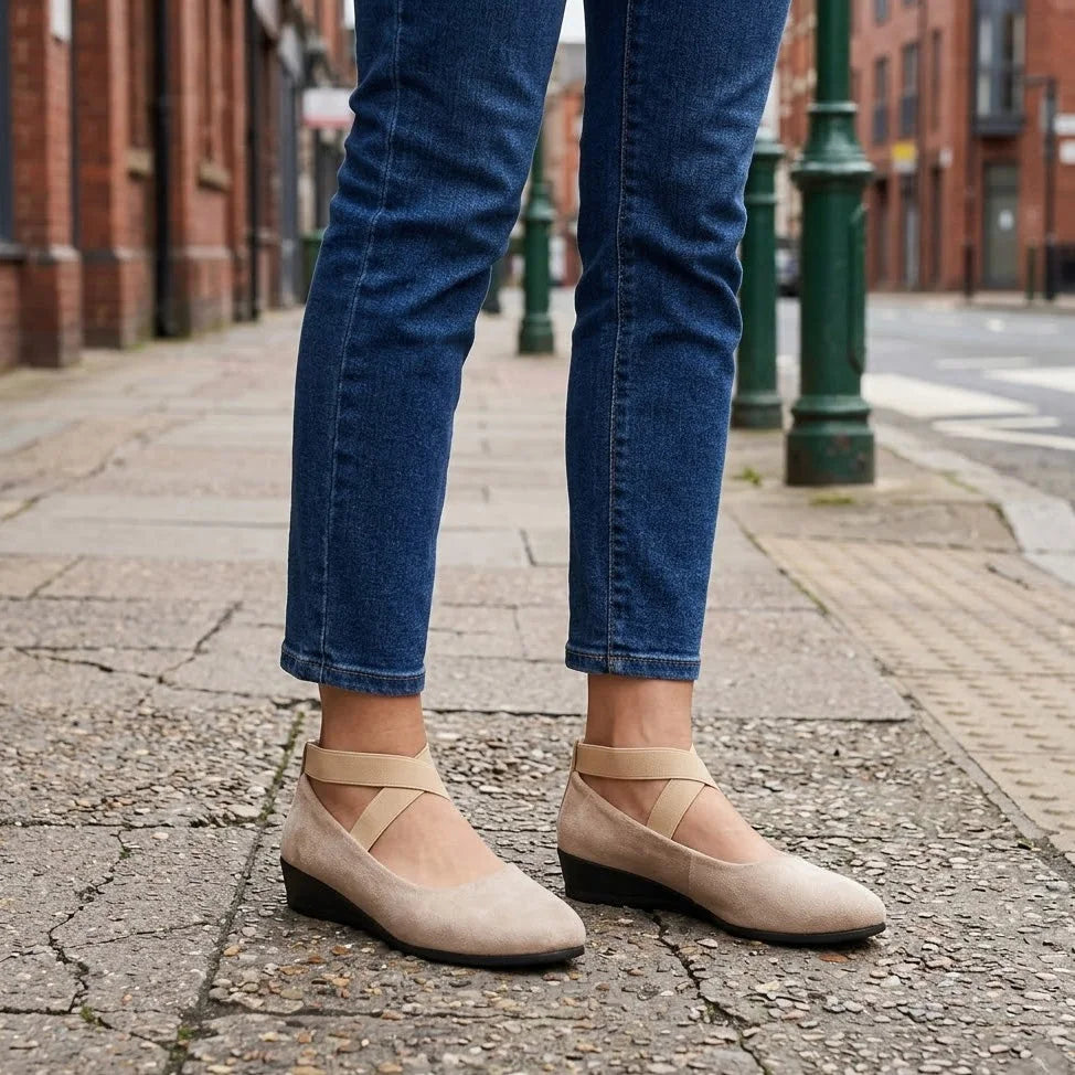 Beige Mary Jane flats for women, street-style on-foot view