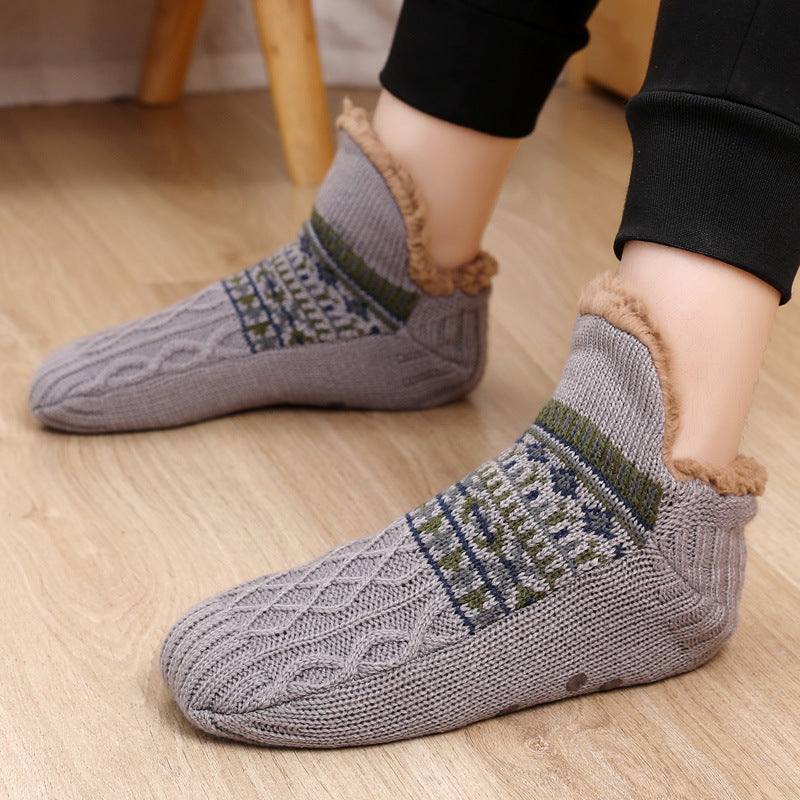 Auldweave warm fleece-lined slipper socks – grey pair worn indoors