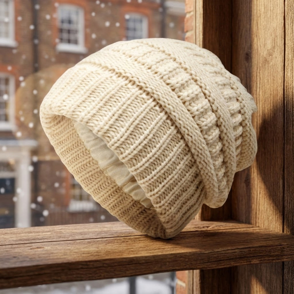 Cable-knit winter beanie – beige beanie on a wooden stool