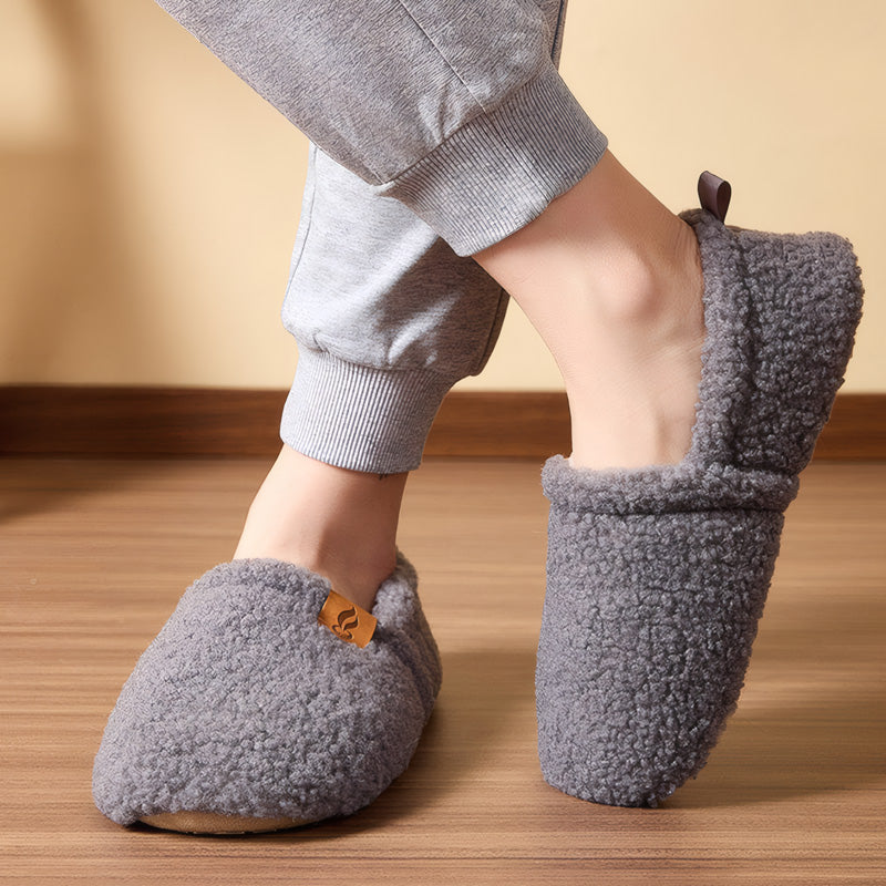 Auldweave women's warm shearling slippers – grey slippers worn from the side