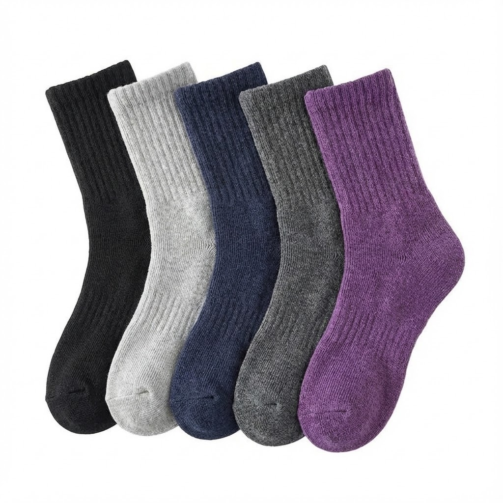 Five-pair winter crew socks – black grey navy and purple assortment