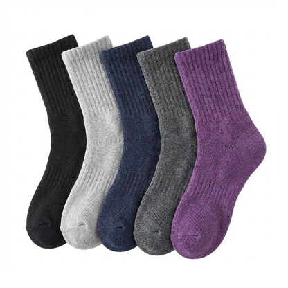 Five-pair winter crew socks – black grey navy and purple assortment