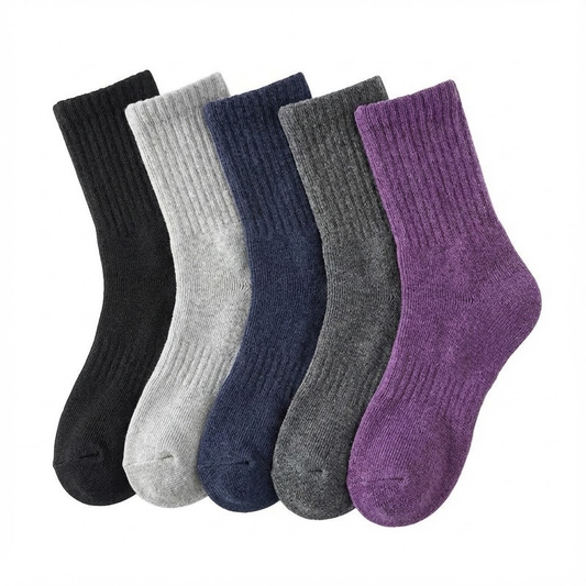 Five-pair winter crew socks – black grey navy and purple assortment