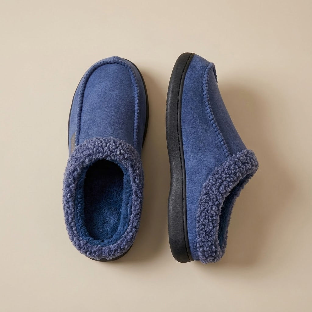 Auldweave Men’s warm wide fit winter slippers. Pair of blue slippers on a beige background