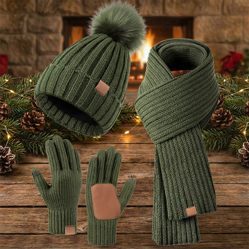 Winter hat scarf and glove set – olive set beside festive lights