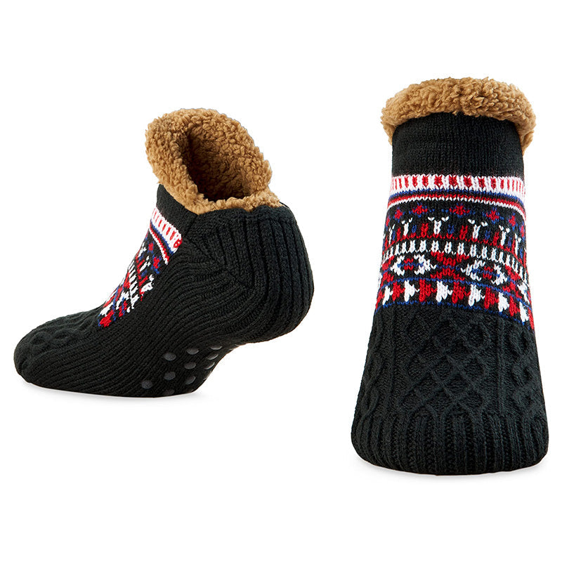 Auldweave warm fleece-lined non-slip slipper socks – black pair in front and sole views