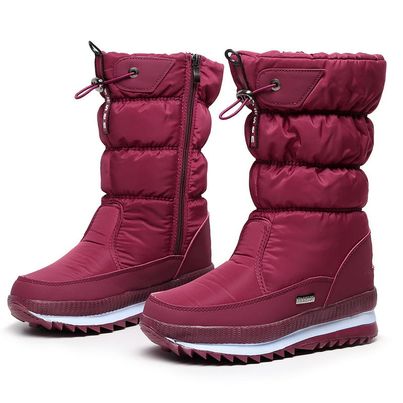 Auldweave women's waterproof mid-calf snow boots – burgundy pair studio view