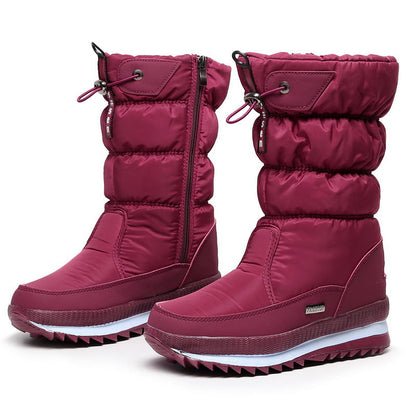 Auldweave women's waterproof mid-calf snow boots – burgundy pair studio view