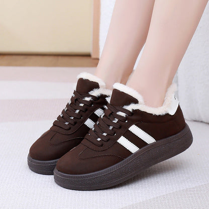 Auldweave women's fleece-lined suede trainers – dark brown pair worn from the front
