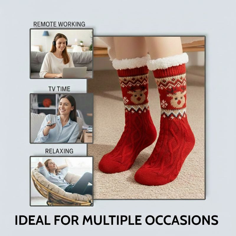 Christmas fleece-lined slipper socks – red pair and home-use scenes