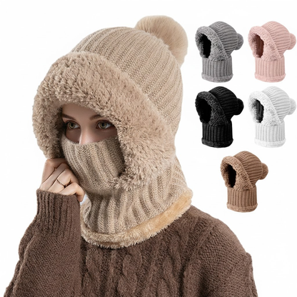 Three-in-one fleece-lined winter hood – khaki hood worn with face cover raised