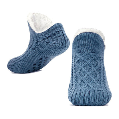 Auldweave unisex soft fleece-lined slipper socks – blue pair in front and sole views