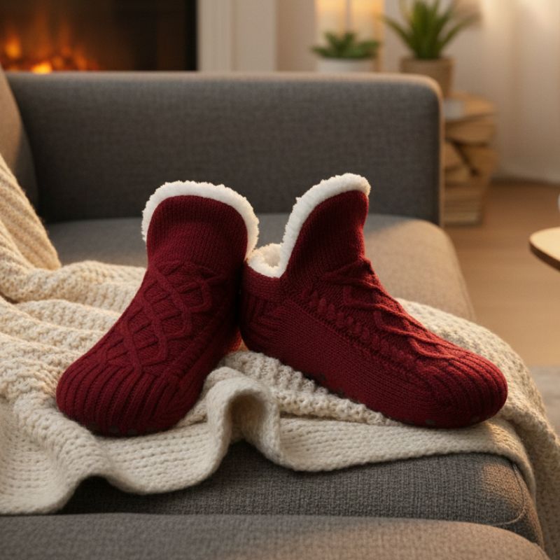 Auldweave unisex soft fleece-lined slipper socks – burgundy pair beside a fireplace