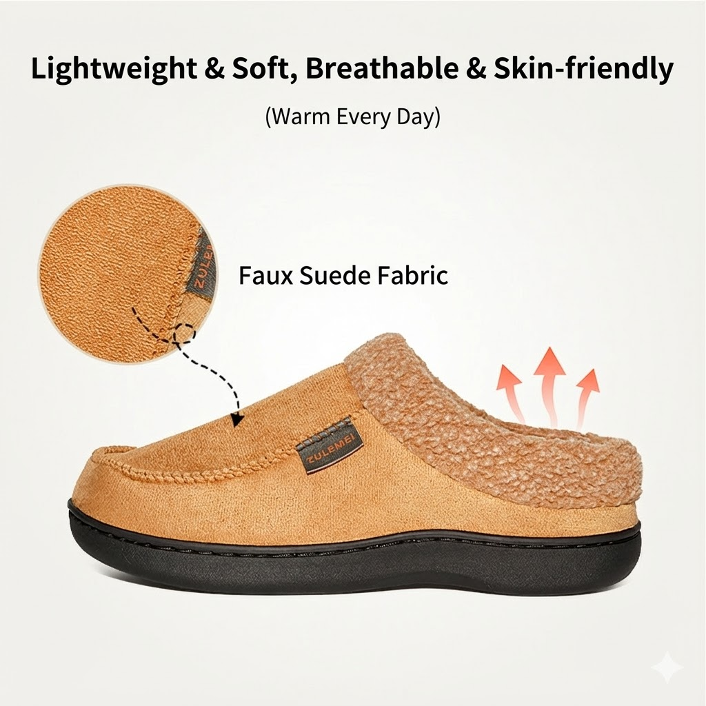 Auldweave Men’s warm wide fit winter slippers. Brown slipper with text highlighting features on a white background